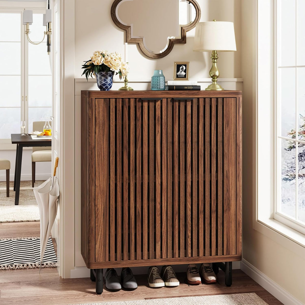 Tribesigns 6 Tier Shoe Cabinet with Canopy Doors, Large Wooden Shoe Storage Cabinet with Adjustable Shelves, Modern Freestanding Shoe Organizer Cabinet for Entrance, Hallway (Walnut)
