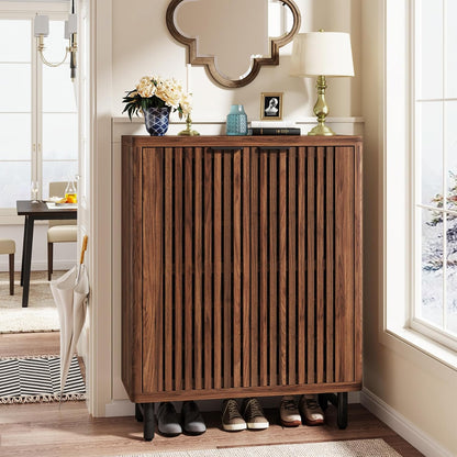 Tribesigns 6 Tier Shoe Cabinet with Canopy Doors, Large Wooden Shoe Storage Cabinet with Adjustable Shelves, Modern Freestanding Shoe Organizer Cabinet for Entrance, Hallway (Walnut)