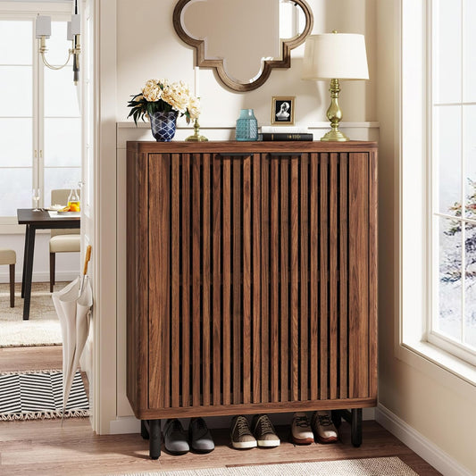 Tribesigns 6 Tier Shoe Cabinet with Canopy Doors, Large Wooden Shoe Storage Cabinet with Adjustable Shelves, Modern Freestanding Shoe Organizer Cabinet for Entrance, Hallway (Walnut)