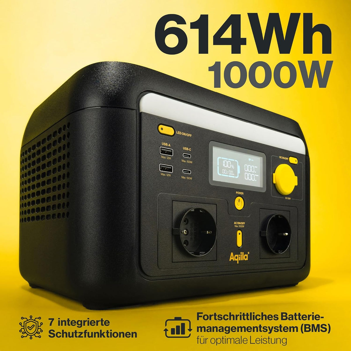 Powerstation 614Wh 1000W – Portable generator with LiFePO4, 2x AC (pure sine), USB-C/A, 12V, LED lamp, app control – Mobile power supply for camping & emergency power - QUORE