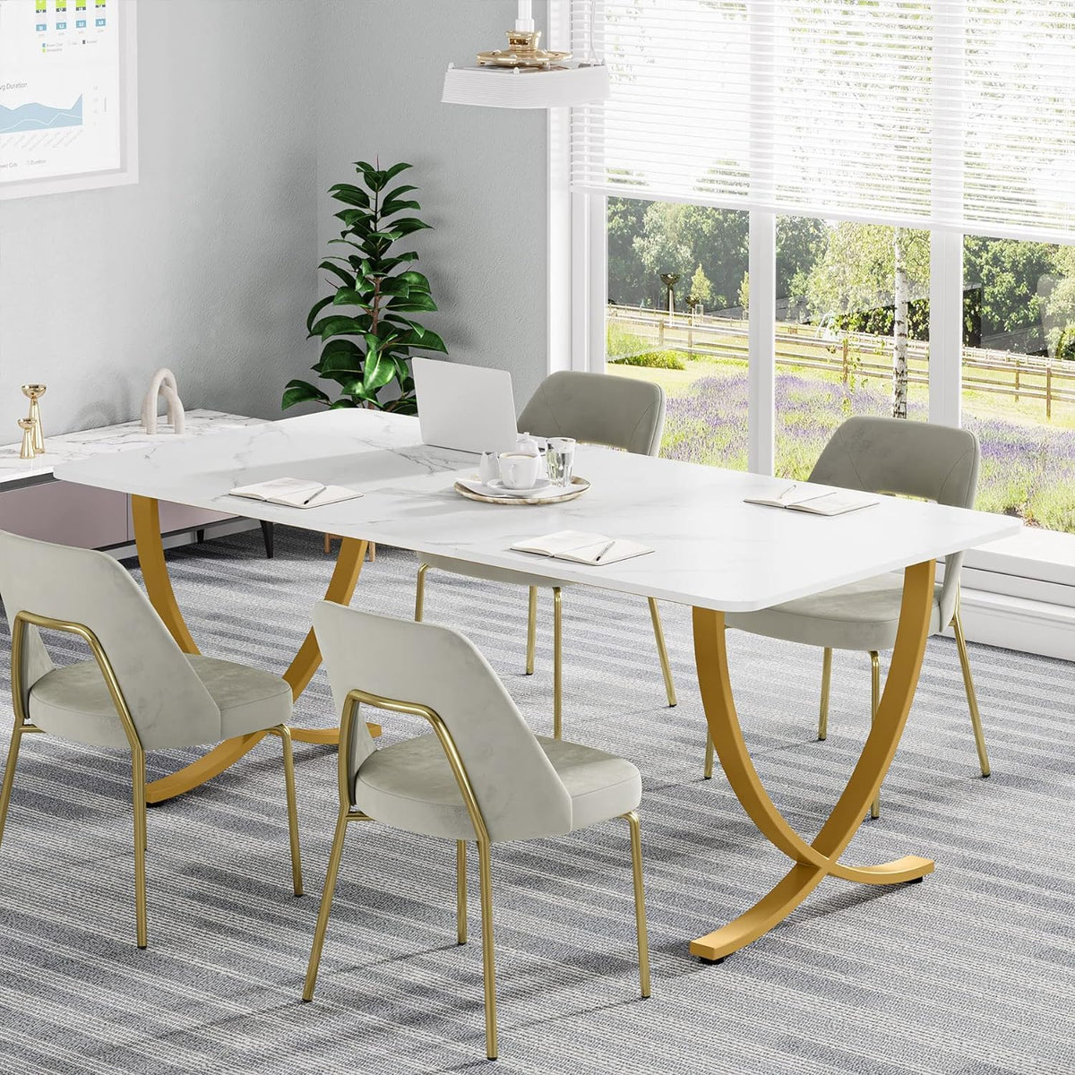 Tribesigns Desk, Computer Table, 160 x 80 x 75 cm, Modern PC Table, Work Table, Dining Table with Artificial Marble Tabletop and Metal Legs for Home Office, Conference Table, White and Gold