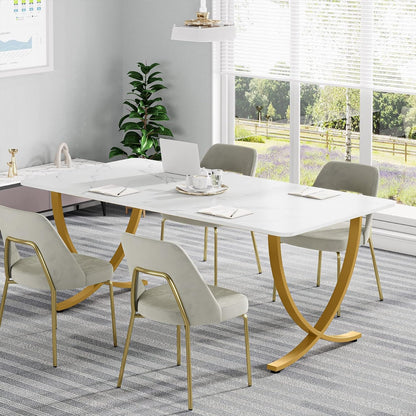 Tribesigns Desk, Computer Table, 160 x 80 x 75 cm, Modern PC Table, Work Table, Dining Table with Artificial Marble Tabletop and Metal Legs for Home Office, Conference Table, White and Gold