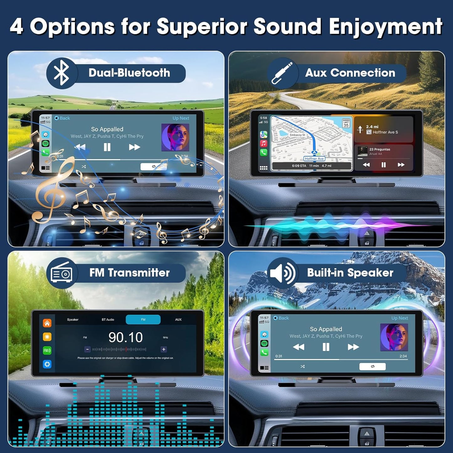 Carplay Display met 4K Dashcam 10,26 Inch Draadloos Carplay Android Auto Display met HD IPS Touchscreen Driveplay met Mirror Link Dual-Bluetooth Carplay met 1080P Achteruitrijcamera 64GB-Kaart