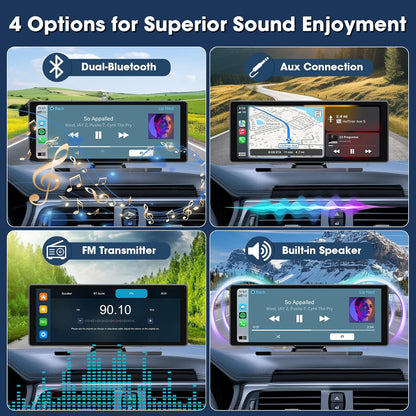 Carplay Display met 4K Dashcam 10,26 Inch Draadloos Carplay Android Auto Display met HD IPS Touchscreen Driveplay met Mirror Link Dual-Bluetooth Carplay met 1080P Achteruitrijcamera 64GB-Kaart