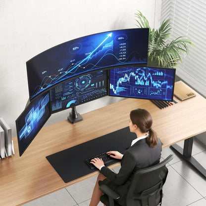 PUTORSEN Monitorhouder 4 monitoren, max. tot 1 x 49 inch en 3 x 27 inch platte en gebogen schermen, 80 cm stang-tafelhouder, verstelbare gestapelde monitorhouder, VESA 75/100
