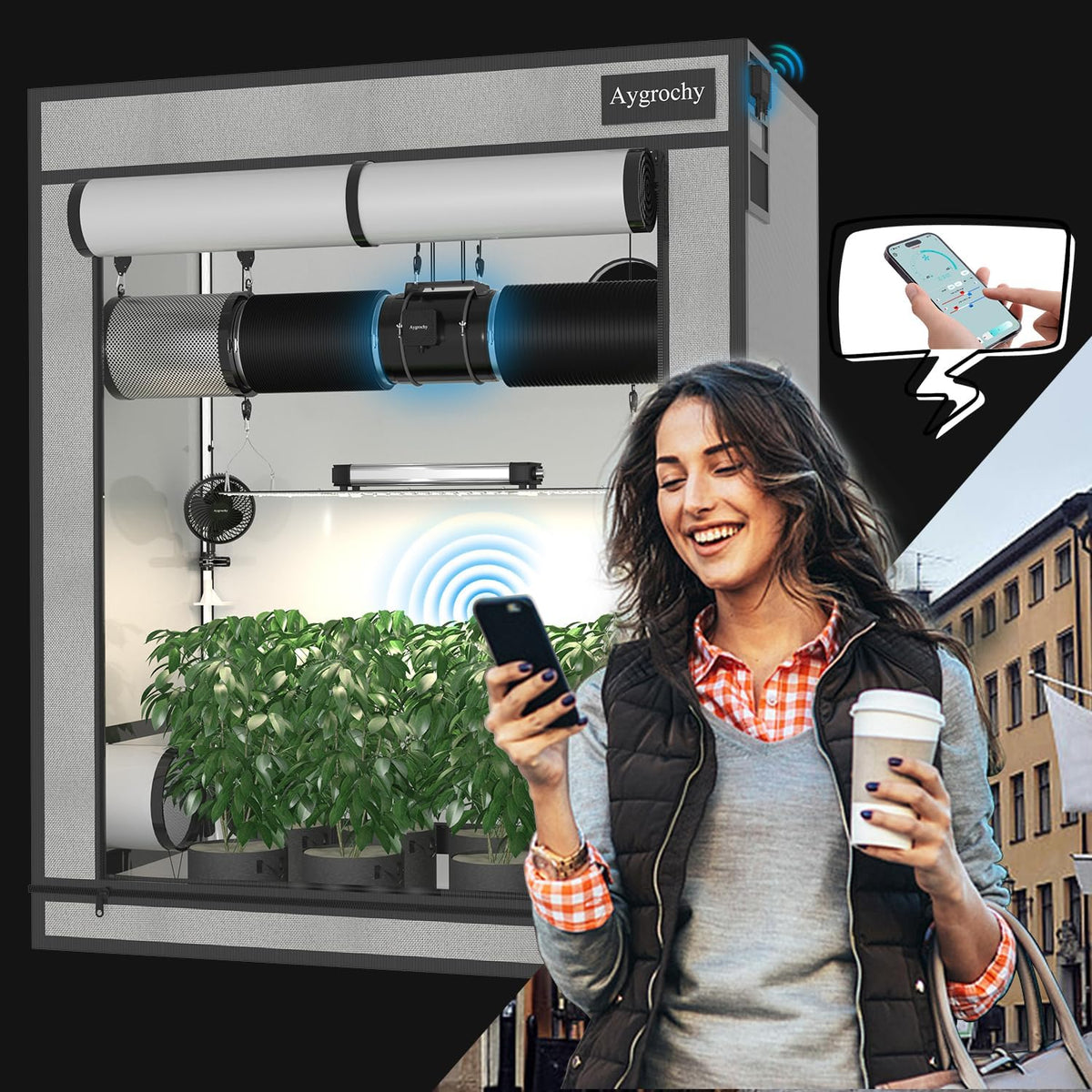 Aygrochy 200mm App gecontroleerde Buisventilator, uitlaatventilator met temperatuur- en vochtigheidsregelaar, afzuigventilator voor booster, groeitenten, ventilatie en afvoerventilator.