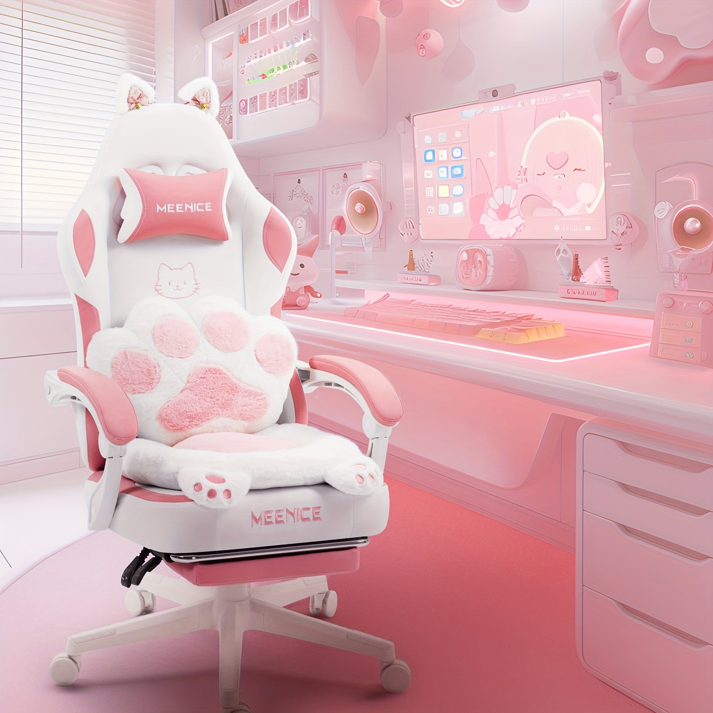 Gamingstoel roze – bureaustoel – gamestoel – kantoormeubel – bureaustoel met kattenoortjes – ergonomisch ontwerp – verstelbare voetensteun en lendenkussen