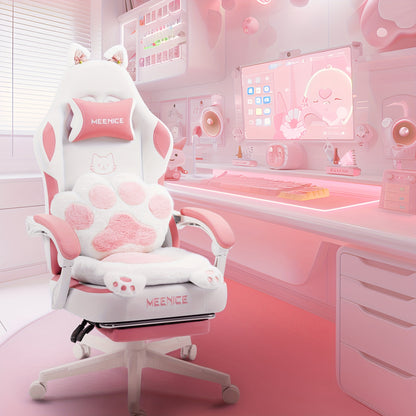 Gamingstoel roze – bureaustoel – gamestoel – kantoormeubel – bureaustoel met kattenoortjes – ergonomisch ontwerp – verstelbare voetensteun en lendenkussen