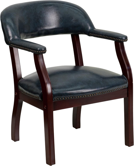 Conferentiestoel Marineblauw Vinyl – Ontvangststoel – Vergaderstoel – Gaststoel – Wachtstoel – Brandvertragend CAL-117 Schuim – Massief Hardhouten Frame