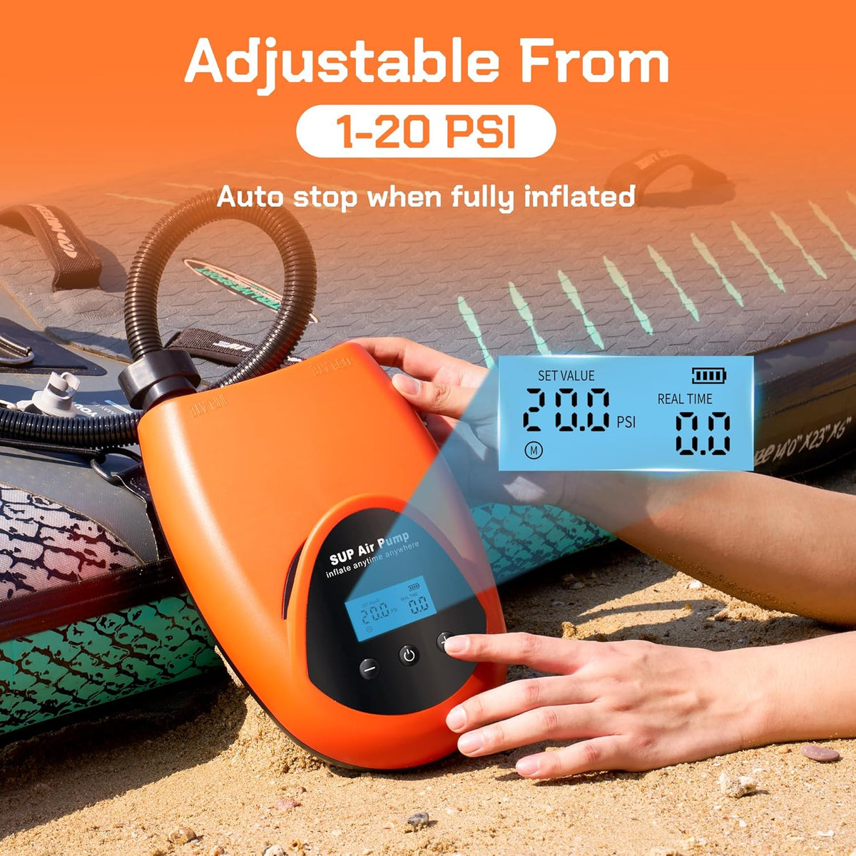 TONSIM 20 psi oplaadbare SUP-pomp, elektrische draadloze luchtpomp met accu, automatische uitschakeling, digitaal lcd-display, 12 V auto-adapter, draagbaar voor SUP-boards, kajak, rubberboot en