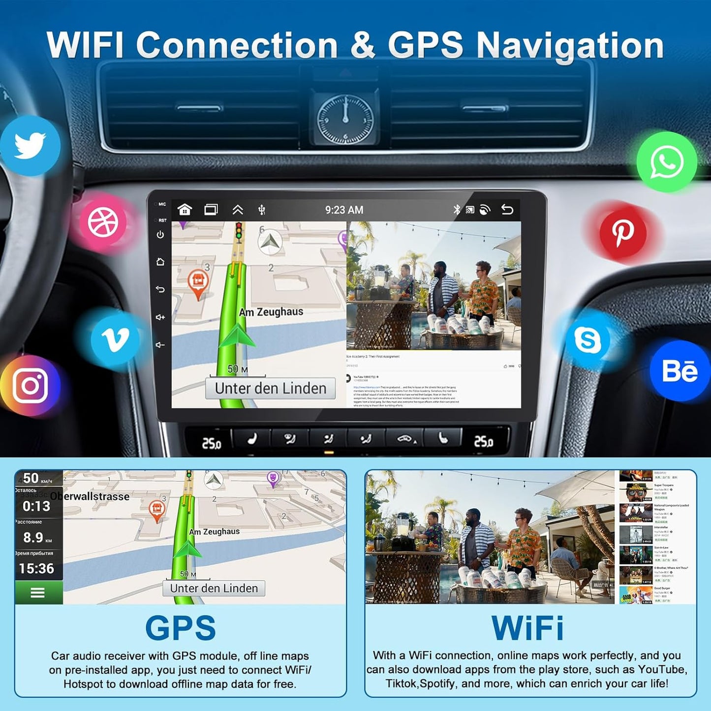 podofo autoradio, 8 kernen, 2-DIN autoradio, iOS, CarPlay, Android autoradio, 4 + 64 G, dubbele DIN 9 inch, 1280p IPS, touchscreen, stereo-radio met 32EQ DSP GPS, navigatie, wifi, Android auto en