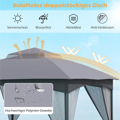 3 x 3 m Garden Gazebo with 4 Sandbags & 4 Mosquito Nets & Double Roof, Waterproof & Sturdy & Winterproof, Garden Tent with Hooks, Party Tent for Terrace & Garden (Gray)