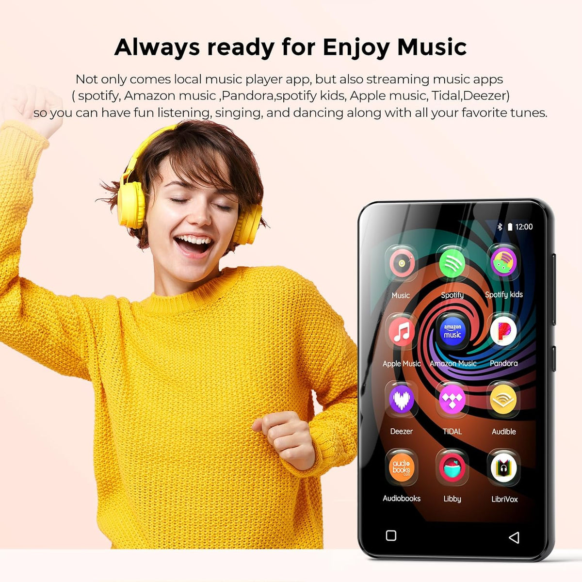 Innioasis Music Player with Bluetooth, WiFi, Spotify, Pandora, Amazon Music, 4-Inch Touchscreen, Libby, Audible, Spotify Kids (Black) - QUORE