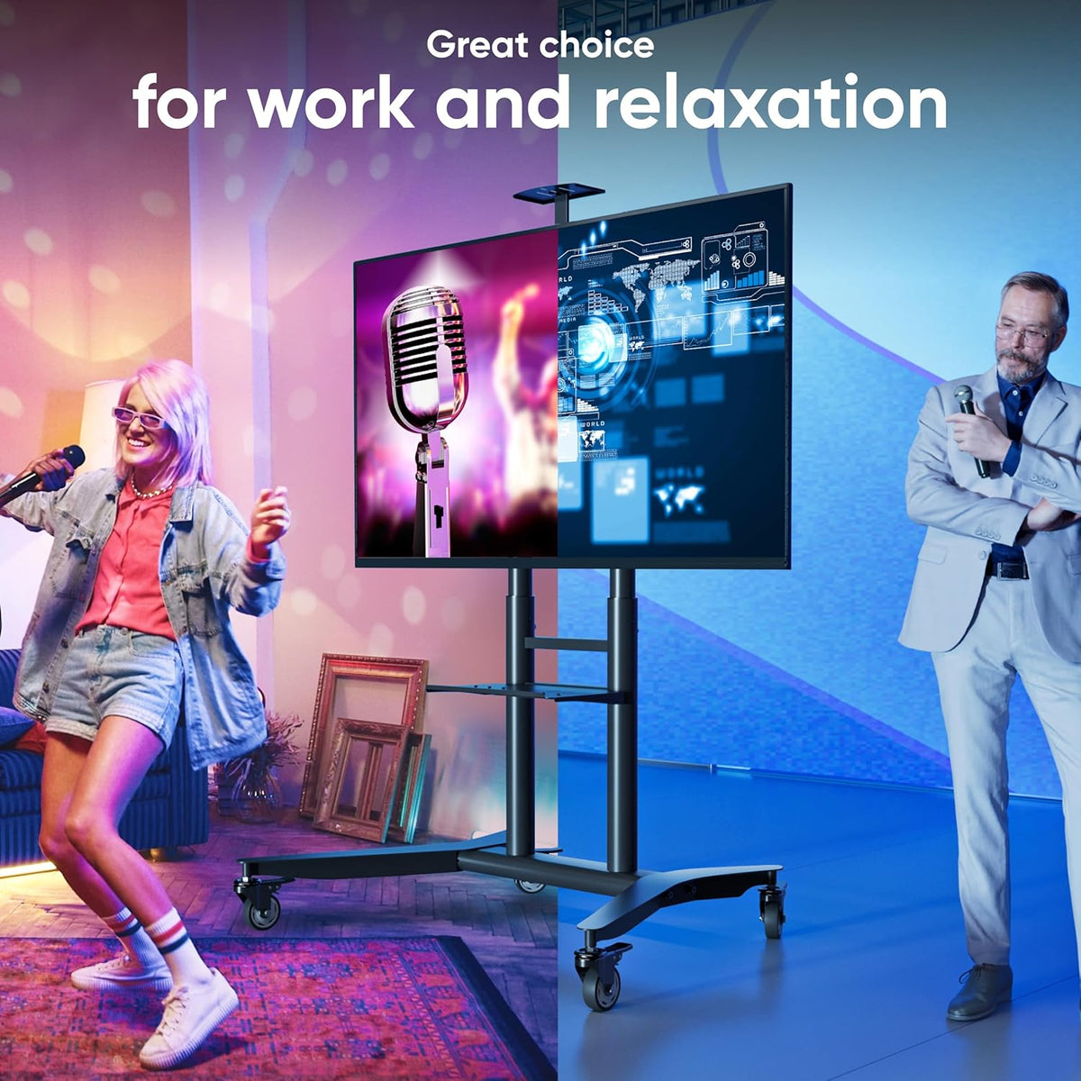Verrijdbare TV-Standaard Zwart – TV-Stand Met Wielen, TV-Wagen, TV-Voet, Vloerstandaard – 55-90 Inch, Tot 75 Kg – In Hoogte Verstelbaar