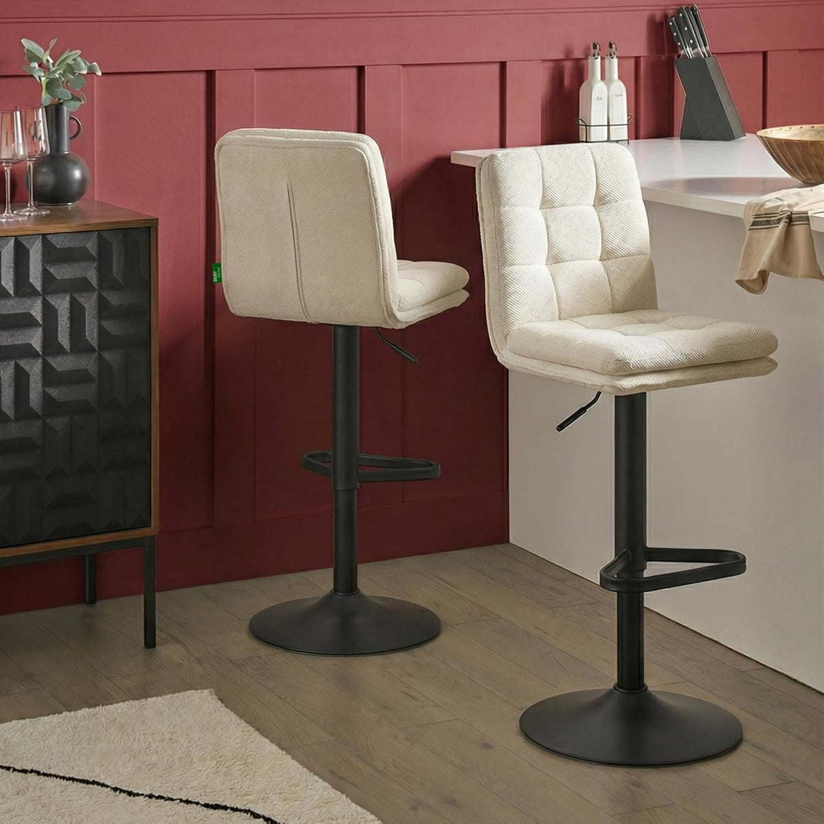 DUBI Möbel Enno Bar Stool – Double Cushions & Padded Backrest – Continuously Adjustable Height – Black Matte Dish Base with Triangular Footrest – Woven Fabric Cream - QUORE