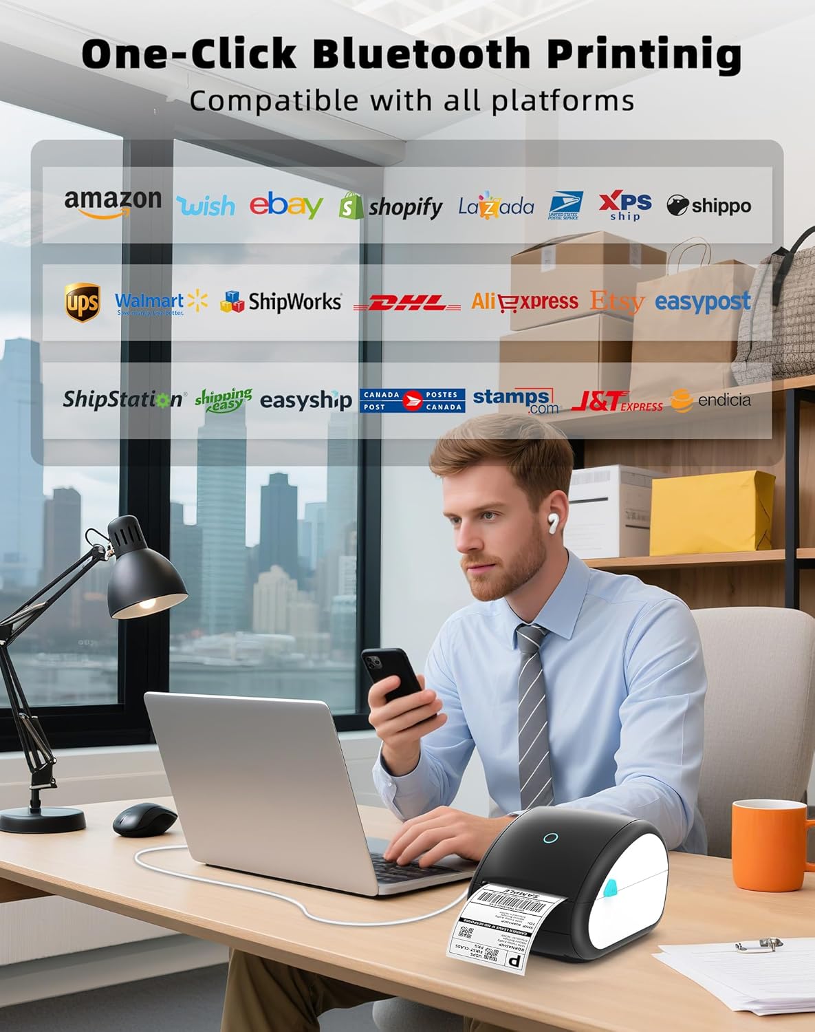 Bluetooth-labelprinter, DHL-labelprinter, verzendlabelprinter voor barcode-verzendlabels, DB403 thermische printer 4x6, compatibel met Esty, Royal Mail, DHL, Fedex, USPS