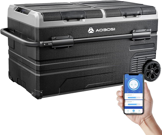 AAOBOSI Elektrische koelbox, 115 l, dubbele zone, koelbox met compressie, wifi, app, 12 V/24 V en 100-240 V, koelkast, camping, -20 °C tot 20 °C, voor auto, vrachtwagen, boot, camping, caravans