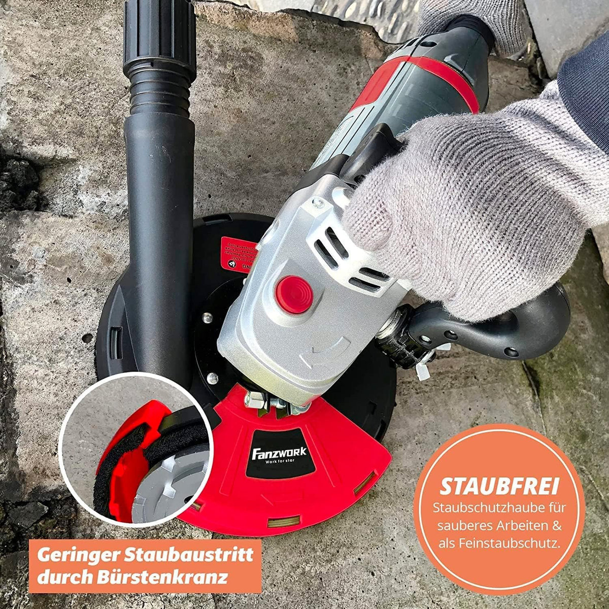FANZTOOL Betonslijper, betonfrees, set met diamantslijpkop en afzuigkap (2000 W/180 mm)
