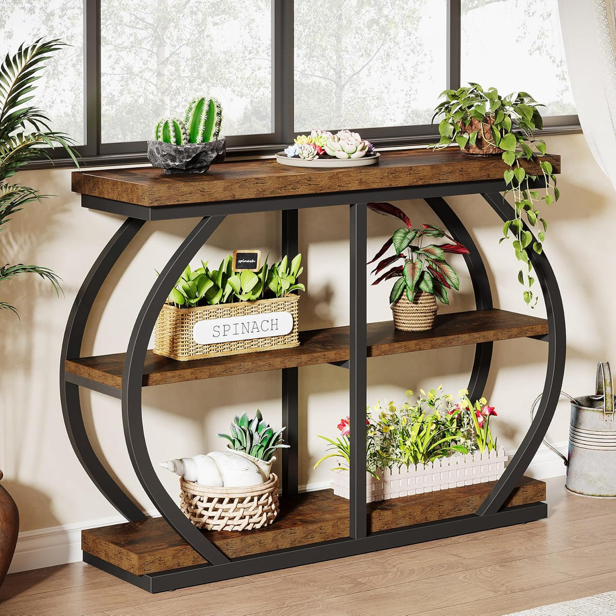 Tribesigns Consoletafel, 104 cm, industriële entreetafel met 3 verdiepingen met gebogen metalen frame en opbergplanken voor woonkamer, hal, rustieke koffie