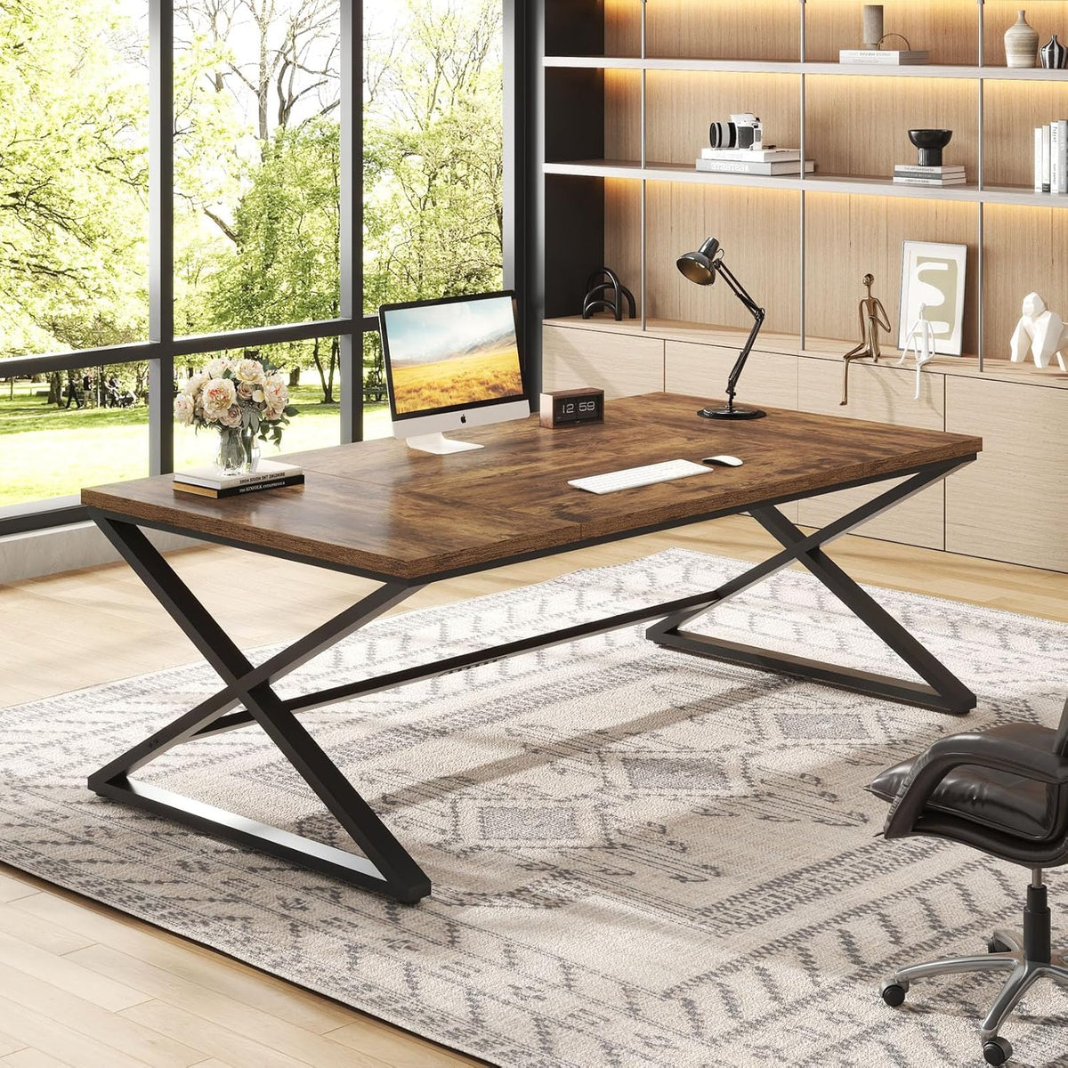 IBF 71 inch Rustiek computerbureau, extra lang houten bureau voor thuis, industriële metalen grote werkstudie schrijftafel, dubbele monitor pc werkstation computertafel voor twee personen, rustiek