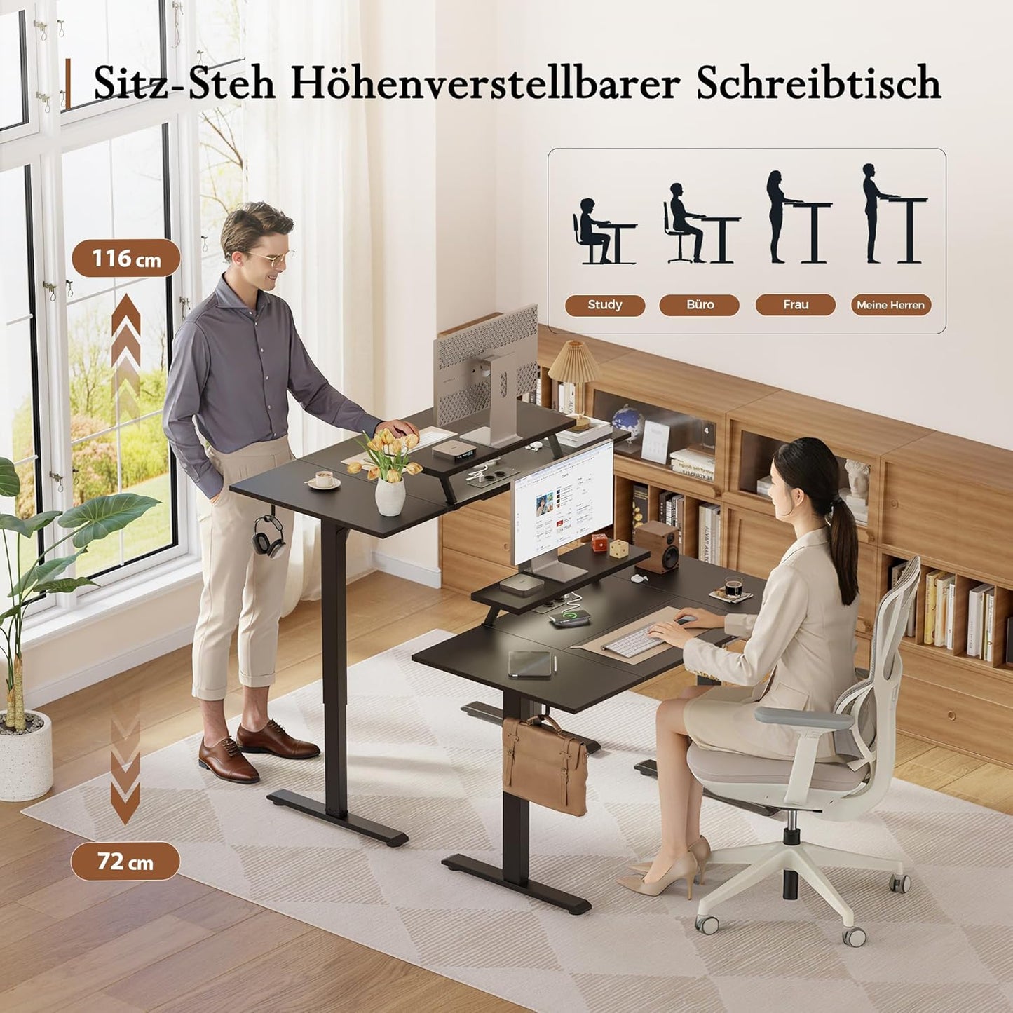 Klicelor Elektrisch Hoogteverstelbaar Bureau met LED en Stopcontacten, 160x80 cm, Bewegelijke Monitorstandaard, voor Gaming en Kantoor, Zit-Sta Bureau met 4-delig Bovenblad, Zwart
