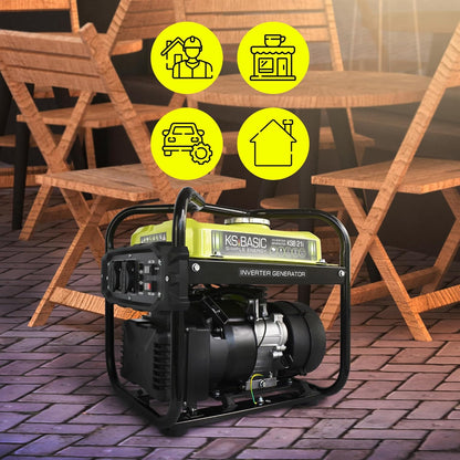 K&S Basic KSB 21i – 4-takt benzine-stroomgenerator, invertergenerator 2,9 pk met automatische spanningsregelaar, olietekort beveiliging, uitlaatgasnorm EURO V, 2000 W, 2 x 16 A (230 V) voor kamperen
