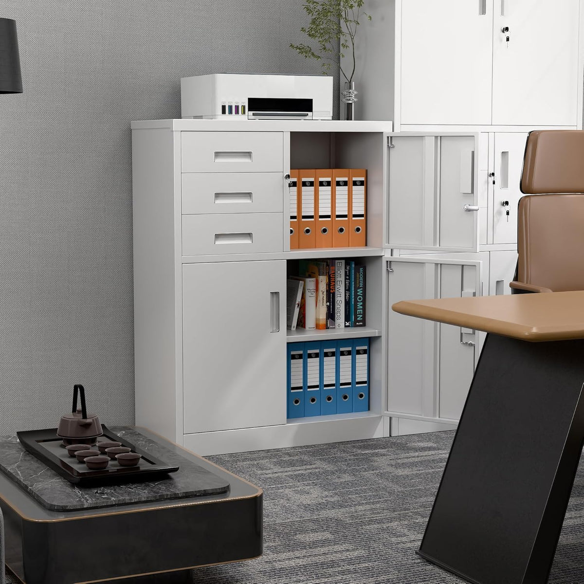 Filing cabinet, metal cabinet with three drawers, magazine cabinets, sheet steel powder coating, steel cabinet for tools, office, 110 x 80 x 40 cm (white - QUORE