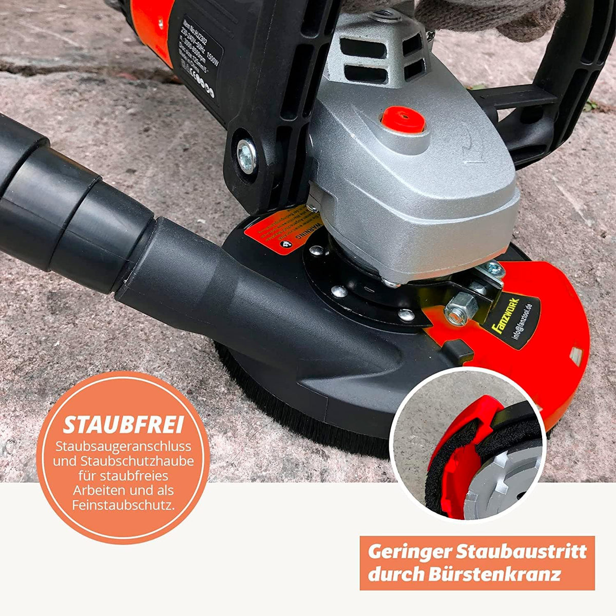 FANZTOOL Betonschuurmachine, betonfreesset met diamantslijpkop en afzuigkap (1500W/125 mm+)