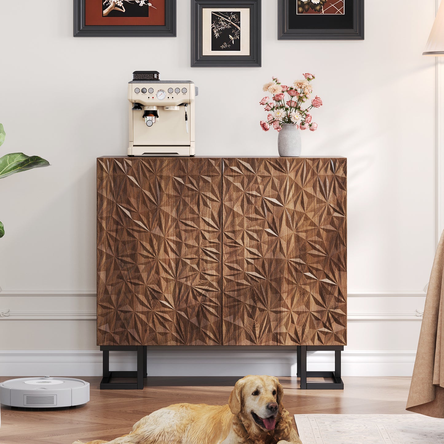 BTM Sideboard Cabinet 80X40X78 Cm Dark Walnut Optics with Leaf Relief, Push-To-Open Doors, Metal Legs 15 Cm, Modern Sideboard with Tilt Protection for Living Room, Dining Room & Hallway