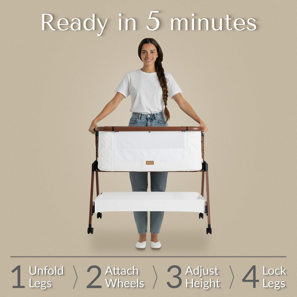 SnooBee Next To Me bijzetbed & kinderbed, vrijstaand, 6 hoogteniveaus, wielen, matras, zijpanelen van ademend mesh met muggennet, opvouwbaar met tas (0-6 maanden), wit/bruin
