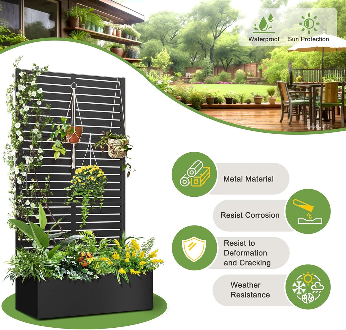 FENCY Metal Raised Garden Bed with Trellis, Metal Planter with Trellis, Garden Box for Climbing Plants Vegetable, 89 cm (L x W x H) Metal Garden Bed with Drainage Holes (Black Louvre) - QUORE