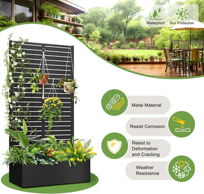 FENCY Metal Raised Garden Bed with Trellis, Metal Planter with Trellis, Garden Box for Climbing Plants Vegetable, 89 cm (L x W x H) Metal Garden Bed with Drainage Holes (Black Louvre) - QUORE