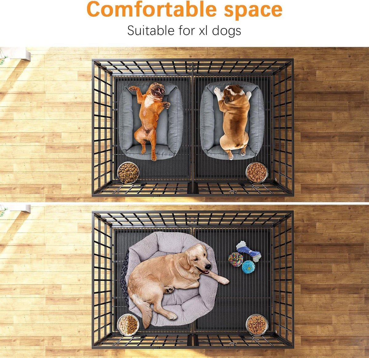 Hondenkooi met vloerblad, hondenkooi met scheidingswand, roosterbox met 2 deuren en dienblad, 2-in-1 dubbele box voor grote en middelgrote honden, 120 x 73 x 68 cm