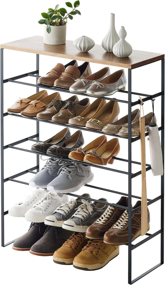 YAMAZAKI Schoenenrek met houten bovenplank - Tower - zwart