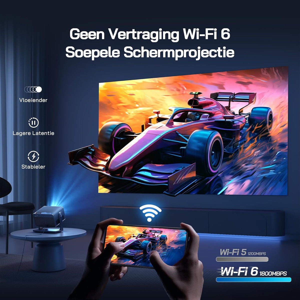 WOLFANG 4K Smart Beamer【Netflix Official & Autofocus/Keystone】28000 Lumen, WiFi 6 Draagbare Beamer met 5.2G Bluetooth, Home Theater Projector met 180° Verstelbare standaard voor 300" Schermen