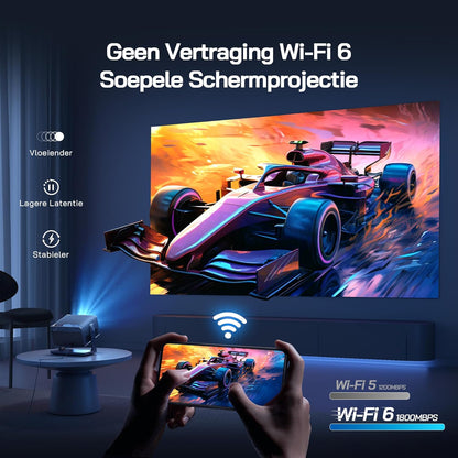 WOLFANG 4K Smart Beamer【Netflix Official & Autofocus/Keystone】28000 Lumen, WiFi 6 Draagbare Beamer met 5.2G Bluetooth, Home Theater Projector met 180° Verstelbare standaard voor 300" Schermen