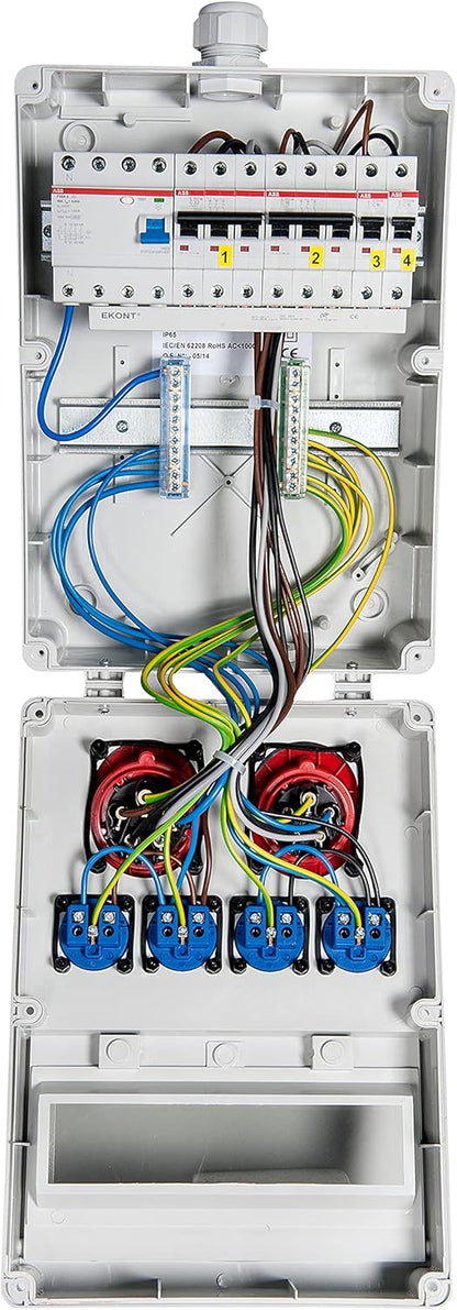 VOTHA Wandverdeler "WÜRZBURG" | Bedrade stekkercombinatie voor wandmontage | CEE 32 A & 16 A + 4x 230 V | FI-veiligheidsschakelaar & LS-schakelaar | IP54 | afsluitbare macroon-afdekking