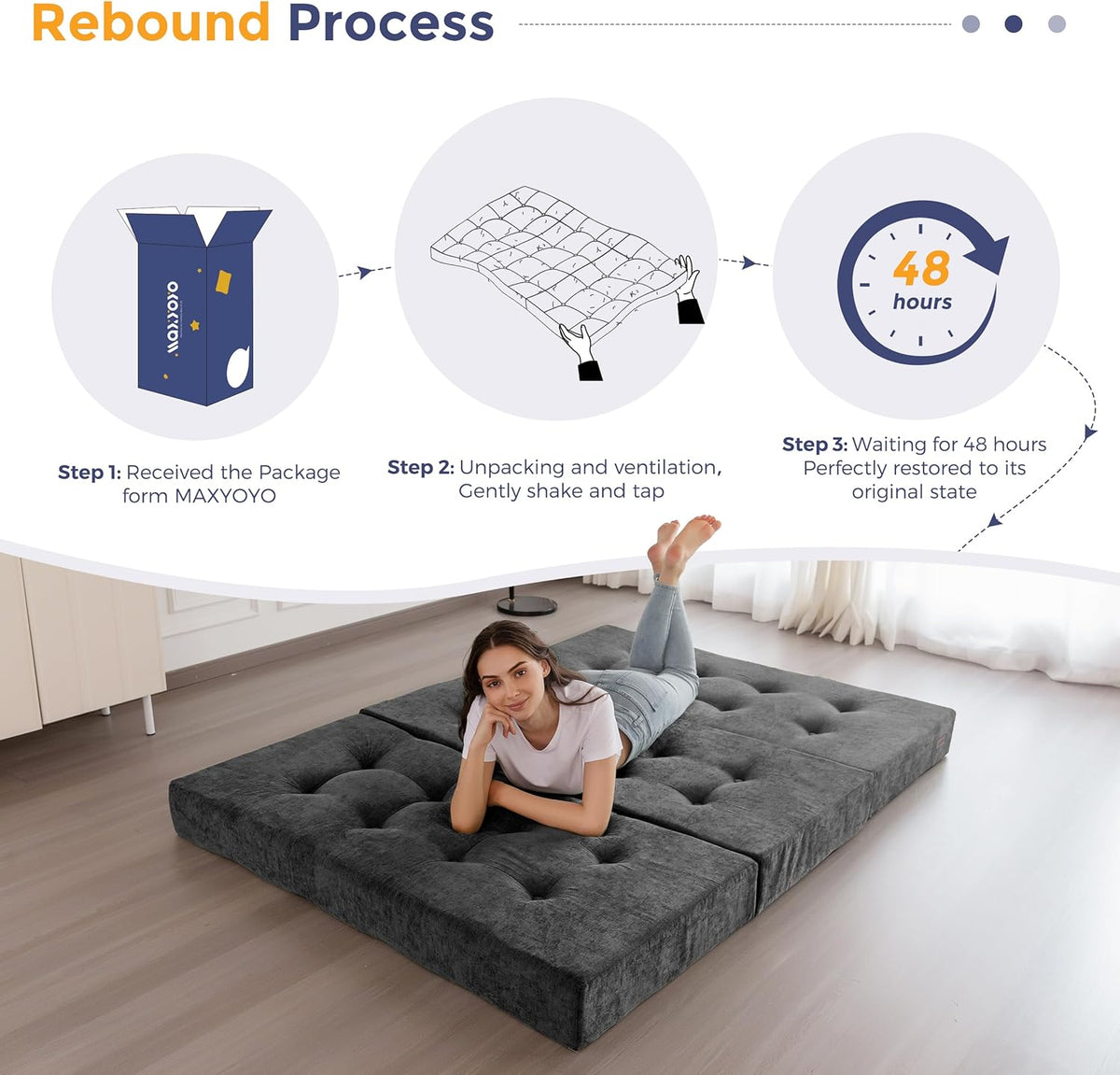 MAXYOYO Opvouwbare Matras Eenpersoons, 15 cm Comfortabele Opvouwbare Matras Met Chenille-Stof, Driekwijd Vloer Futon Bank Bed Voor Gast, Vouwmatras Topper Voor Camping, Grijs, Enkel