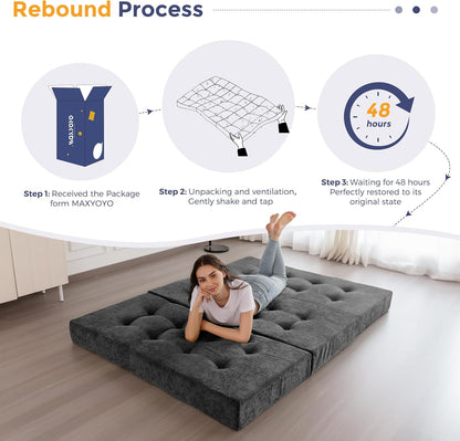 MAXYOYO Opvouwbare Matras Eenpersoons, 15 cm Comfortabele Opvouwbare Matras Met Chenille-Stof, Driekwijd Vloer Futon Bank Bed Voor Gast, Vouwmatras Topper Voor Camping, Grijs, Enkel