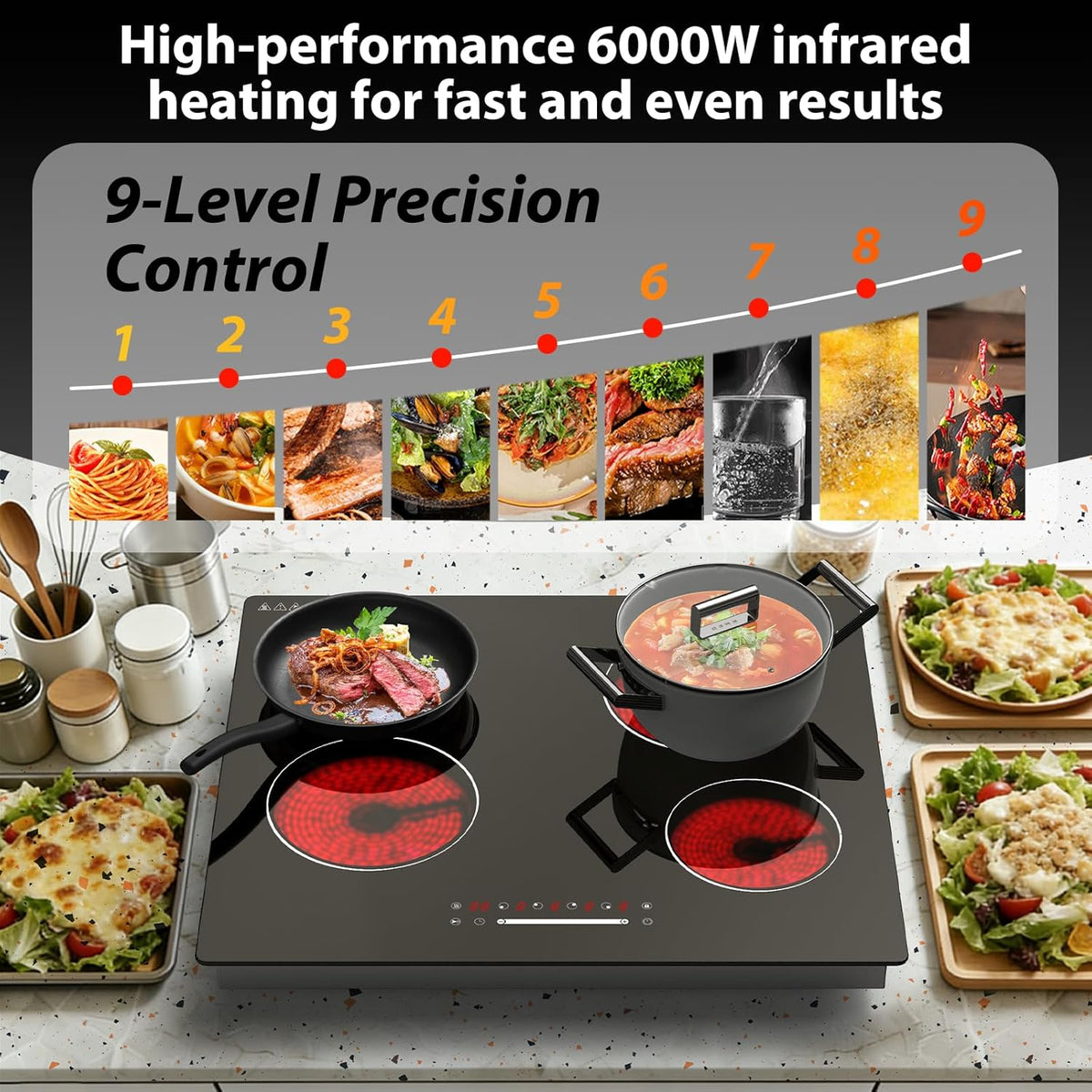 60cm keramische kookplaat 4 zone, 6000W elektrische kookplaat, slider touch control, enkele zone verwarming, ingebouwde kookplaat