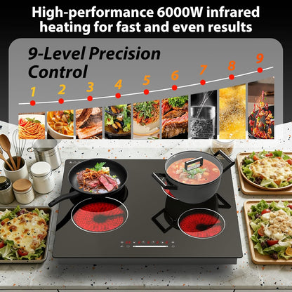 60cm keramische kookplaat 4 zone, 6000W elektrische kookplaat, slider touch control, enkele zone verwarming, ingebouwde kookplaat