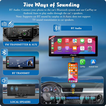 Carpuride W103 Pro met Draadloze Bluetooth Transmissie Draagbare Apple Carplay & Android Auto Autoradio, 10,3 inch 1080P Touchscreen, Mirror Link/GPS/Siri/FM/Google, Dashboard Gemonteerd