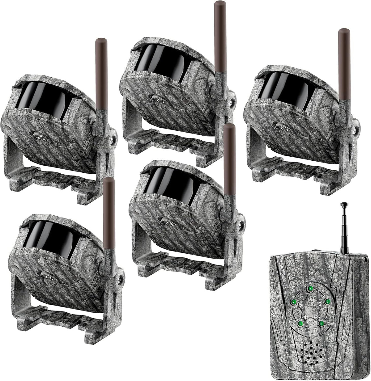 Draadloos alarmsysteem, 300 m lang bereik, jachtalarm, weerbestendig, bewegingsmelder en detector, bewaking en bescherming, voor buiten, 1 ontvanger en 5 sensoren