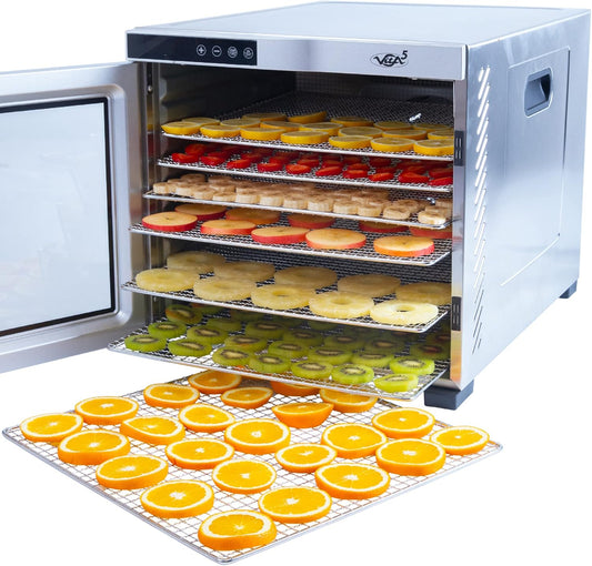 Vita5 Voedseldroger van roestvrij staal met 10 trays - Voedseldroger voor vlees. fruit. groenten en champignons - 24-uurs timer en instelbare temperatuur 35-75°C - 1000W