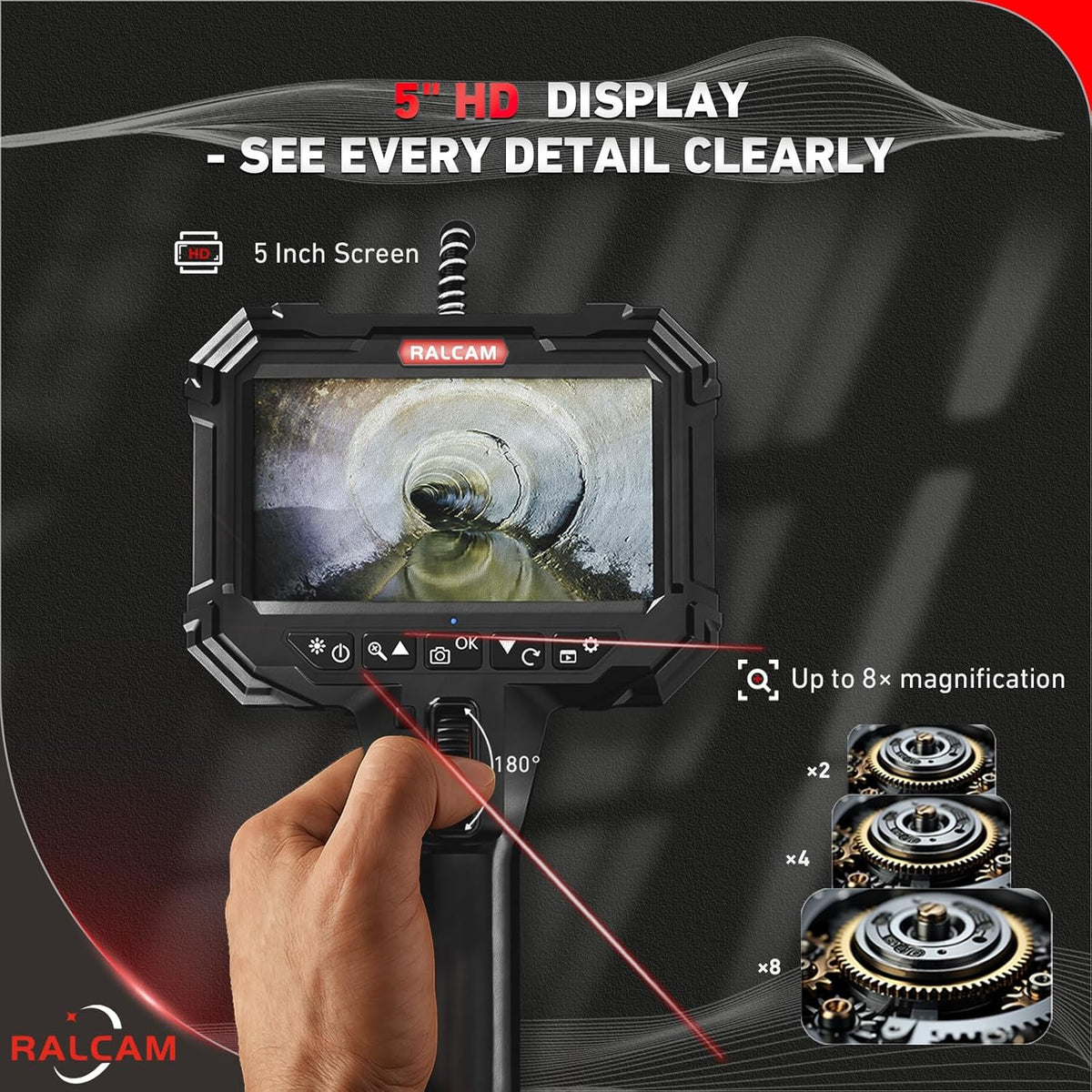 Ralcam Endoscoopcamera met licht, endoscoopcamera met 210° beweegbare kop, 5,5 mm sonde, 5 inch HD-scherm, IP67-inspectiecamera, 1,5 m elastische slangenbuis, buiscamera voor auto en huis