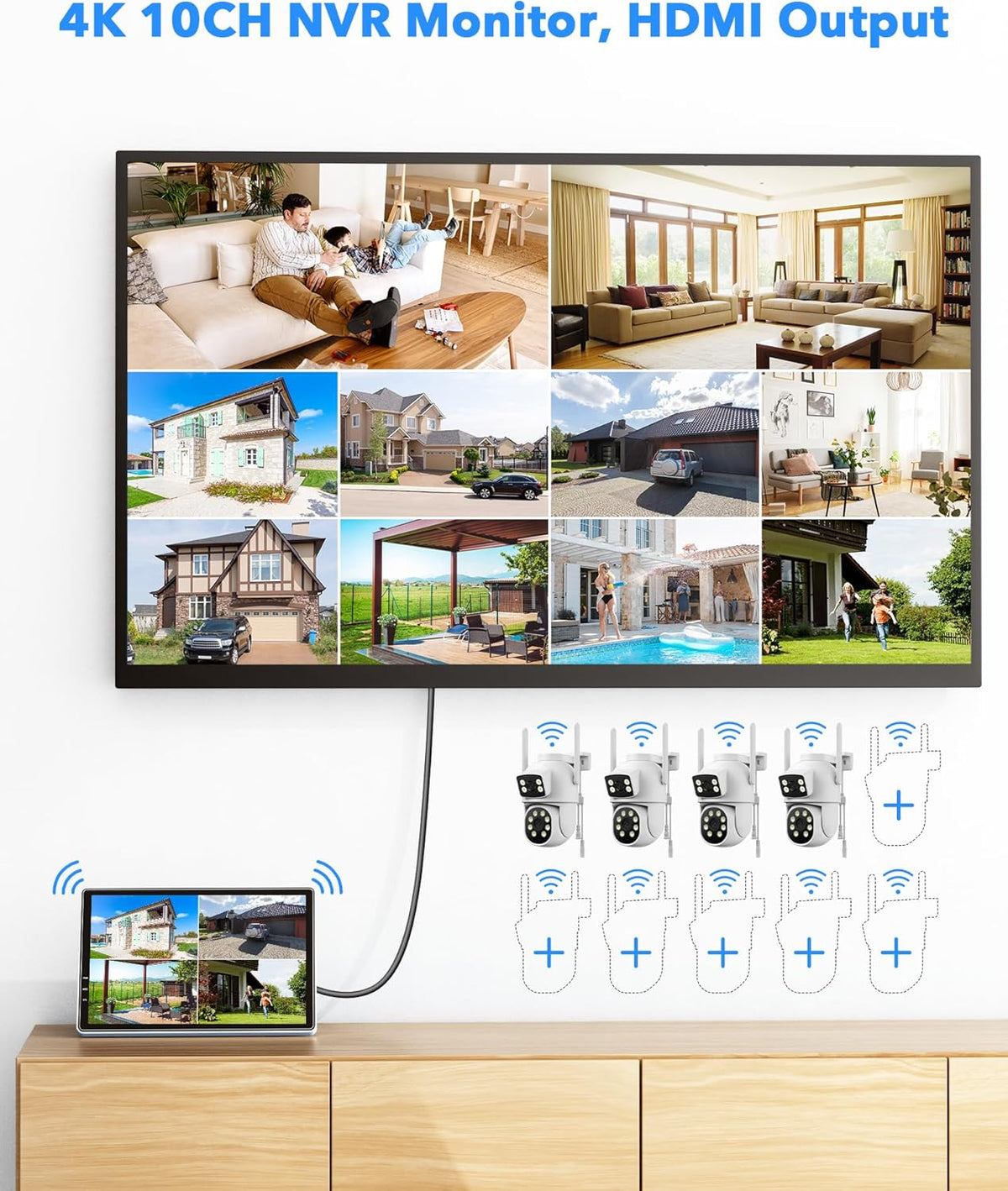 CAMCAMP WiFi bewakingscameraset 10CH 4K NVR met 10'' monitor, 500GB HDD, 2MP PTZ IP-camera met stekker, nachtzicht in kleur, tweerichtingsaudio, automatische detectie en tracking, HDMI
