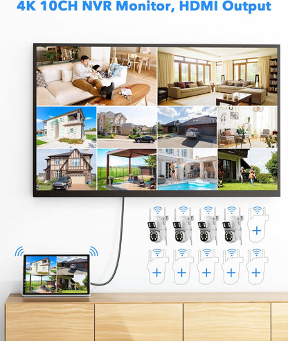 CAMCAMP WiFi bewakingscameraset 10CH 4K NVR met 10'' monitor, 500GB HDD, 2MP PTZ IP-camera met stekker, nachtzicht in kleur, tweerichtingsaudio, automatische detectie en tracking, HDMI