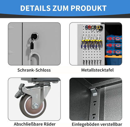 Metalen garagekast zwart/grijs – Gereedschapskast – Werkplaatskast – Opbergkast – Rollende gereedschapskast – 3 verstelbare planken en steekbord – 180 x 80 x 40 cm, koudgewalst staal