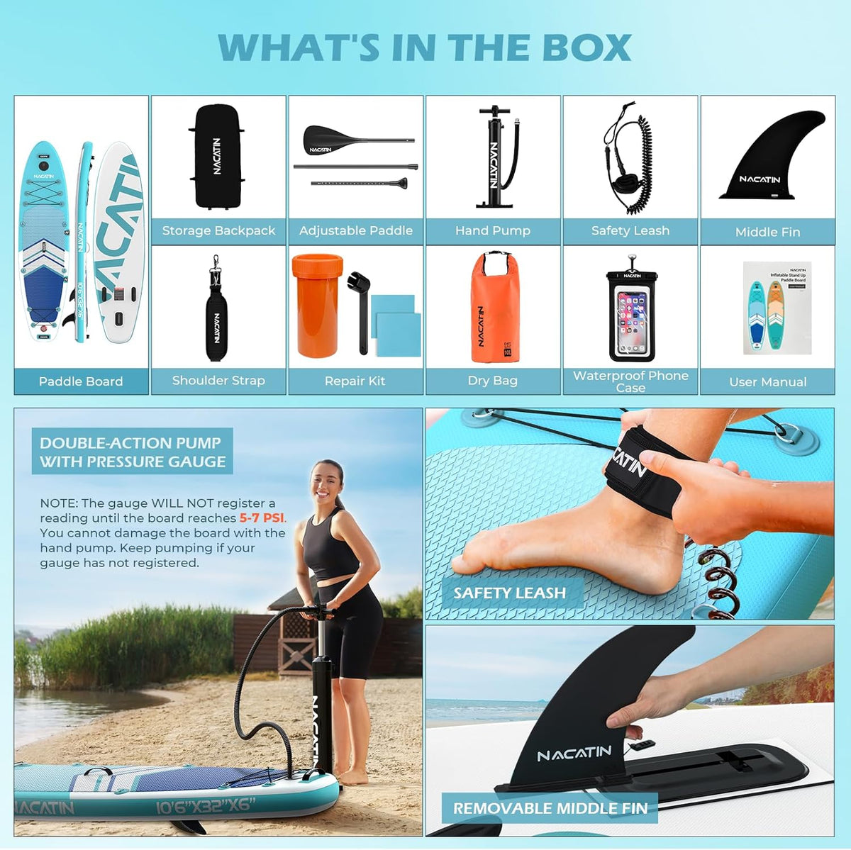 NACATIN Opblaasbare Stand Up Paddle Board SUP (blauw)