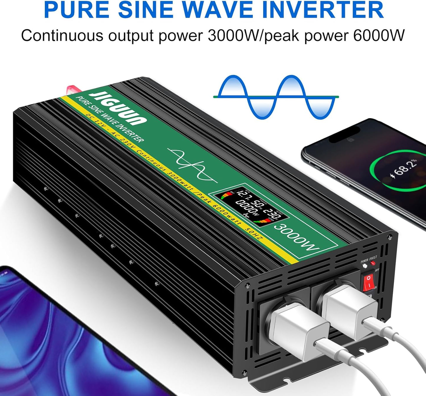 JIGUUN 3000W omvormer 12v naar 230v zuivere sinus inverter met draadloze afstandsbediening LCD-scherm 2 Eu-stopcontact & 1 USB-poort Piekvermogen 6000W voor auto, camping, reizen (3000W12V)
